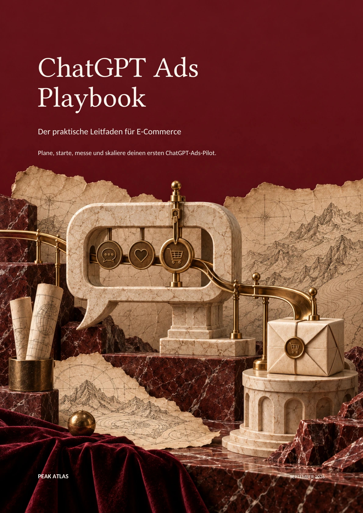 Cover des ChatGPT Ads Playbook: eine cremefarbene Marmor-Sprechblase mit Messingsymbolen für Chat, Herz und Warenkorb, verbunden durch eine Messingschiene mit einem verschnürten Paket, dahinter gerissene Landkarten mit Gebirgszeichnungen vor tiefrotem Grund; Untertitel „Der praktische Leitfaden für E-Commerce“
