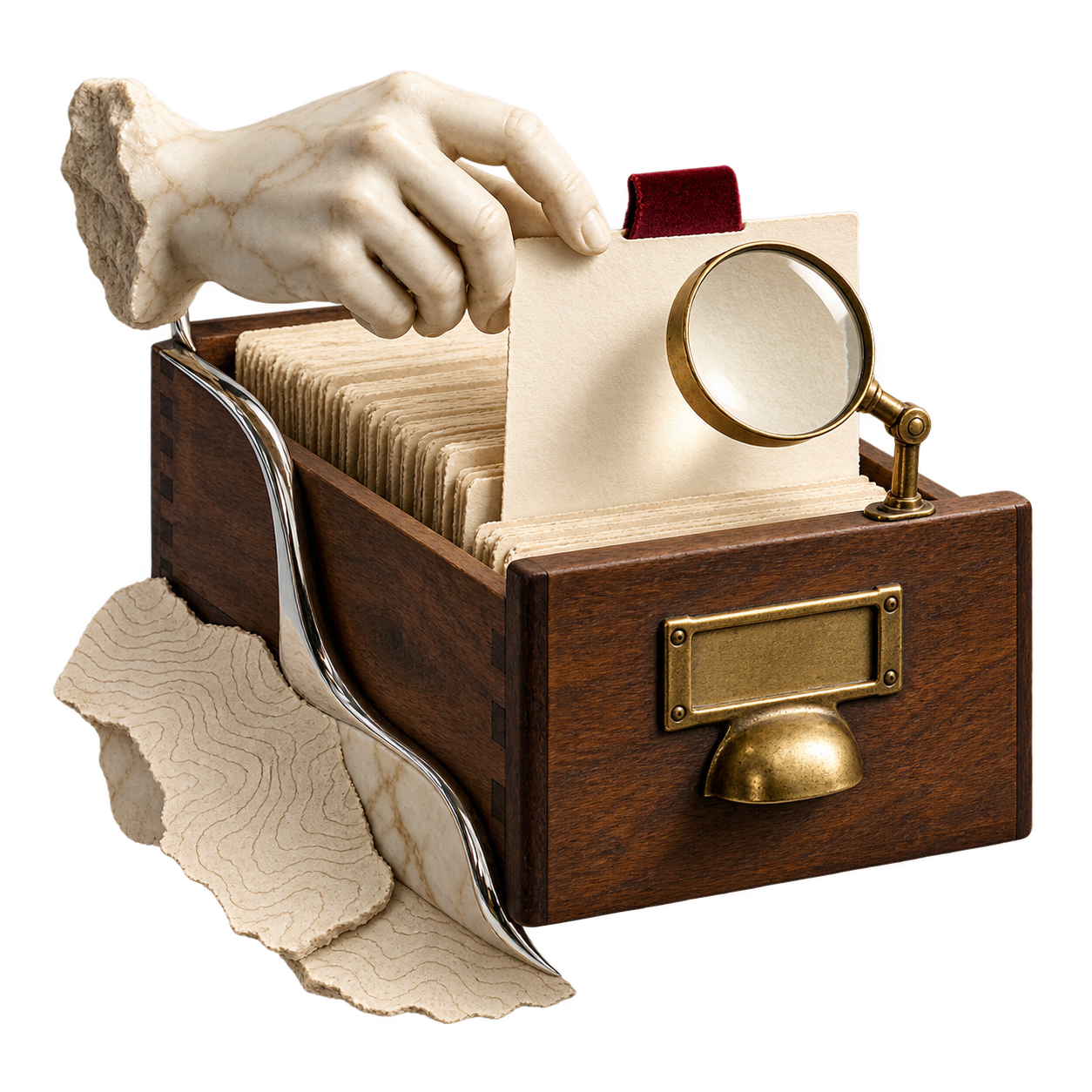 Illustration: Archivkasten mit Karteikarten, Marmorhand und Lupe