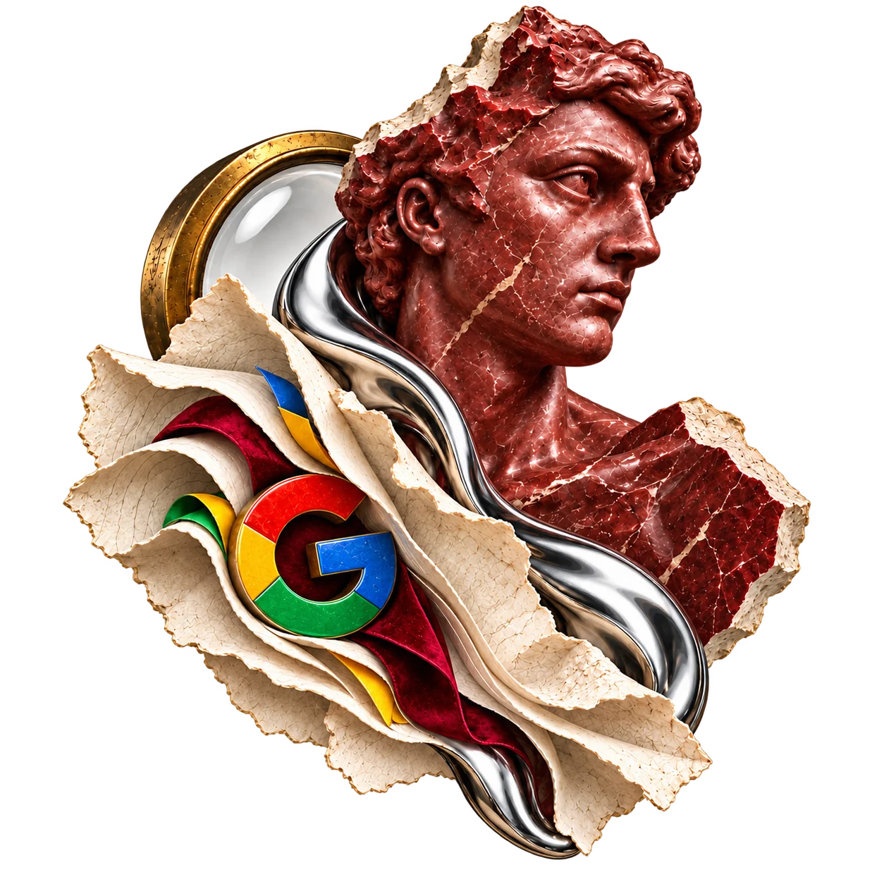 Bordeauxrote Marmorbüste mit Papierlagen, Chrom, optischer Linse und plastischem Google-Logo.