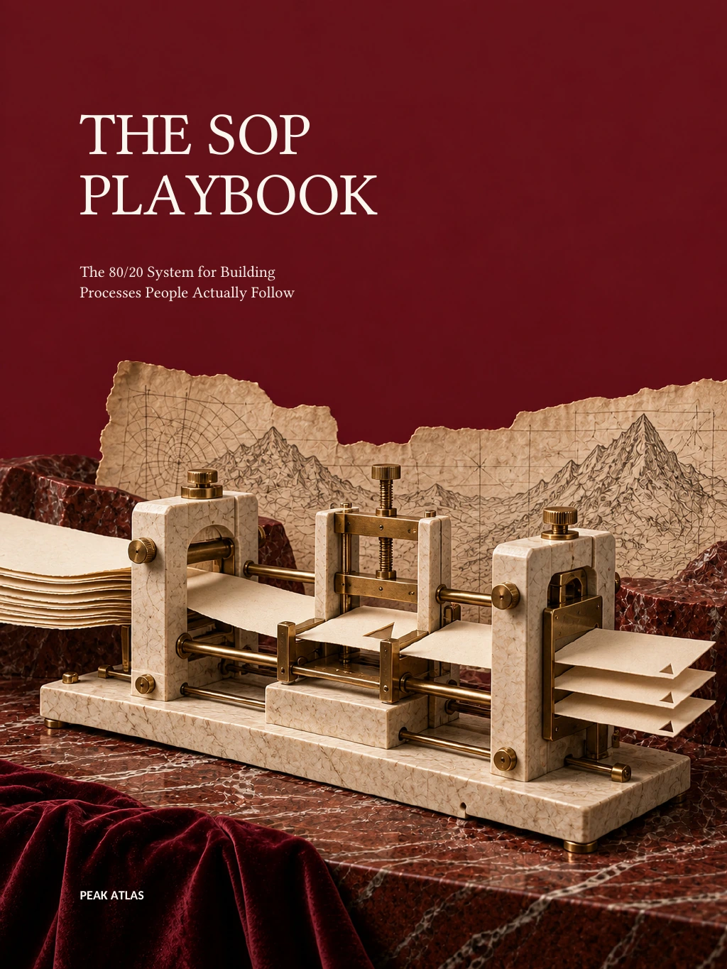 Cover von The SOP Playbook: auf tiefrotem Grund der Titel „THE SOP PLAYBOOK“ und der Untertitel „The 80/20 System for Building Processes People Actually Follow“; davor eine cremefarbene Marmor-Papierpresse mit Messingschrauben, die Papierbögen in Bahnen führt, dahinter gerissene Landkarten mit Gebirgszeichnungen und roter Marmor mit Samt; unten die Absenderzeile Peak Atlas