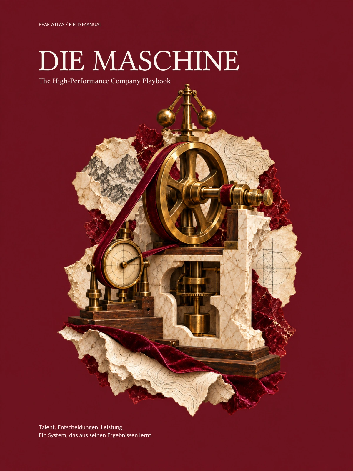 Cover von Die Maschine: eine Messingmaschine mit Schwungrad, Fliehkraftregler, Zifferblatt und rotem Samtband auf Marmorsockel, umgeben von gerissenen Kartenblättern vor tiefrotem Grund