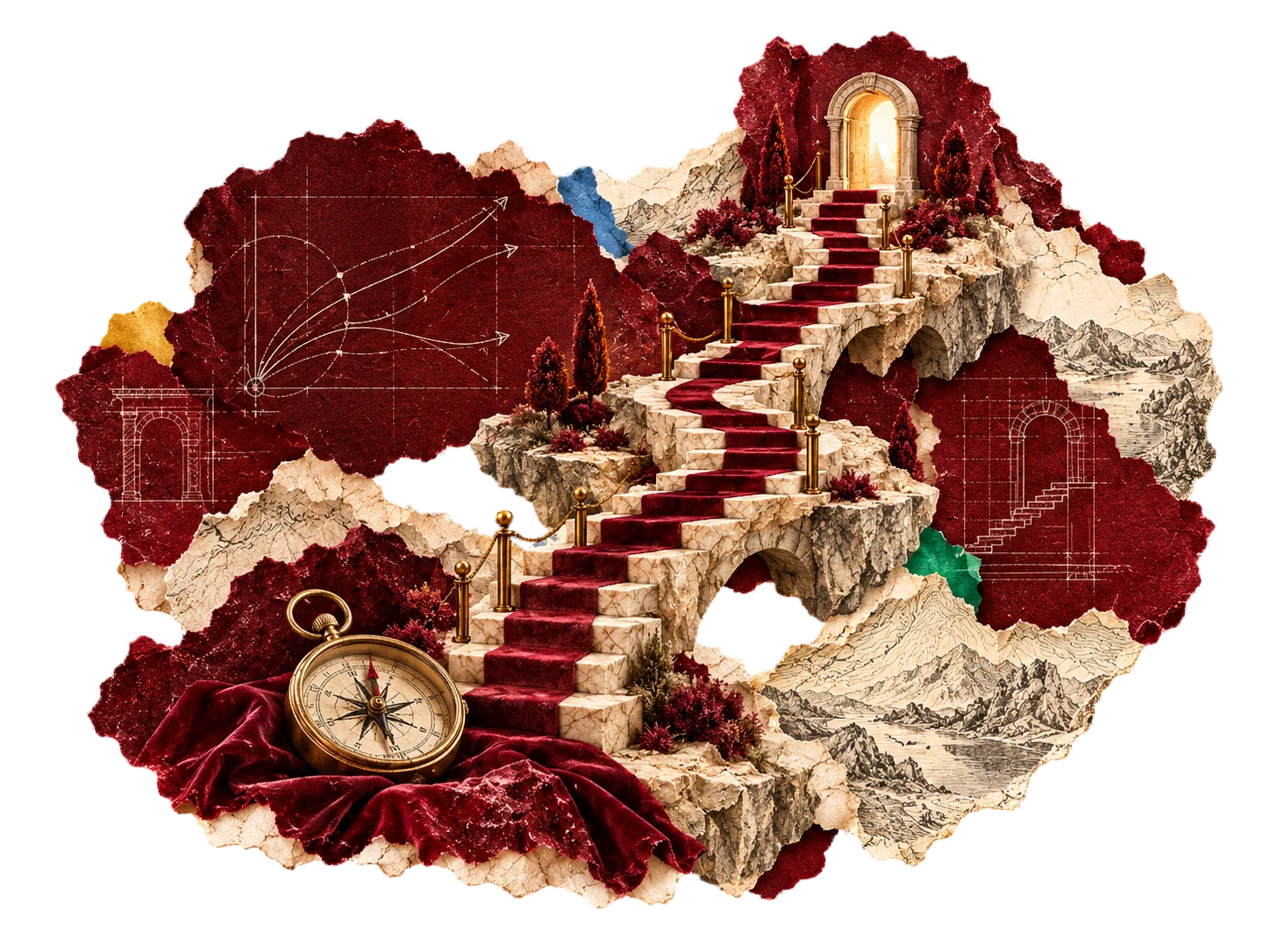 Freigestellte Papierlandschaft mit einer Treppe zum Kundenziel, Kartenfragmenten und einem Messingkompass.