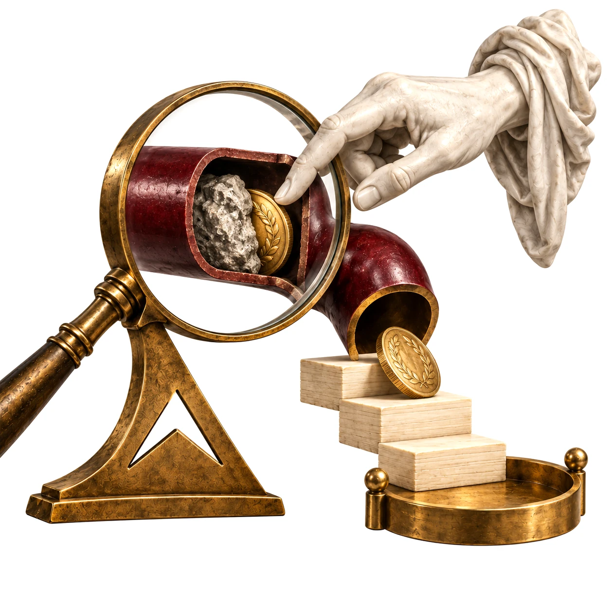 Freigestellte Komposition: Eine Lupe und ein bordeauxrotes Rohr, eine Hand prüft eine goldene Münze, daneben abgestufte Holzblöcke und ein Messingtablett – Metapher für die Prüfung offener Chancen.