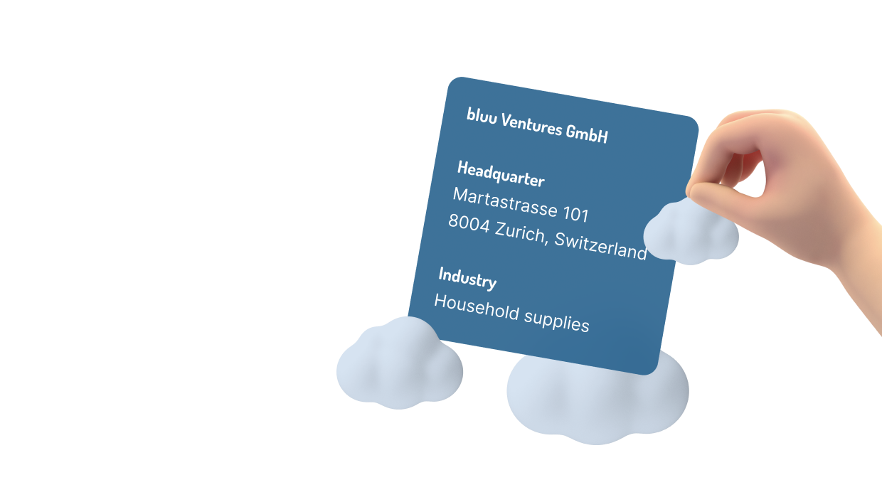 Visitenkarte von bluu Ventures: Hauptsitz Martastrasse 101, 8004 Zürich, Branche Haushaltswaren