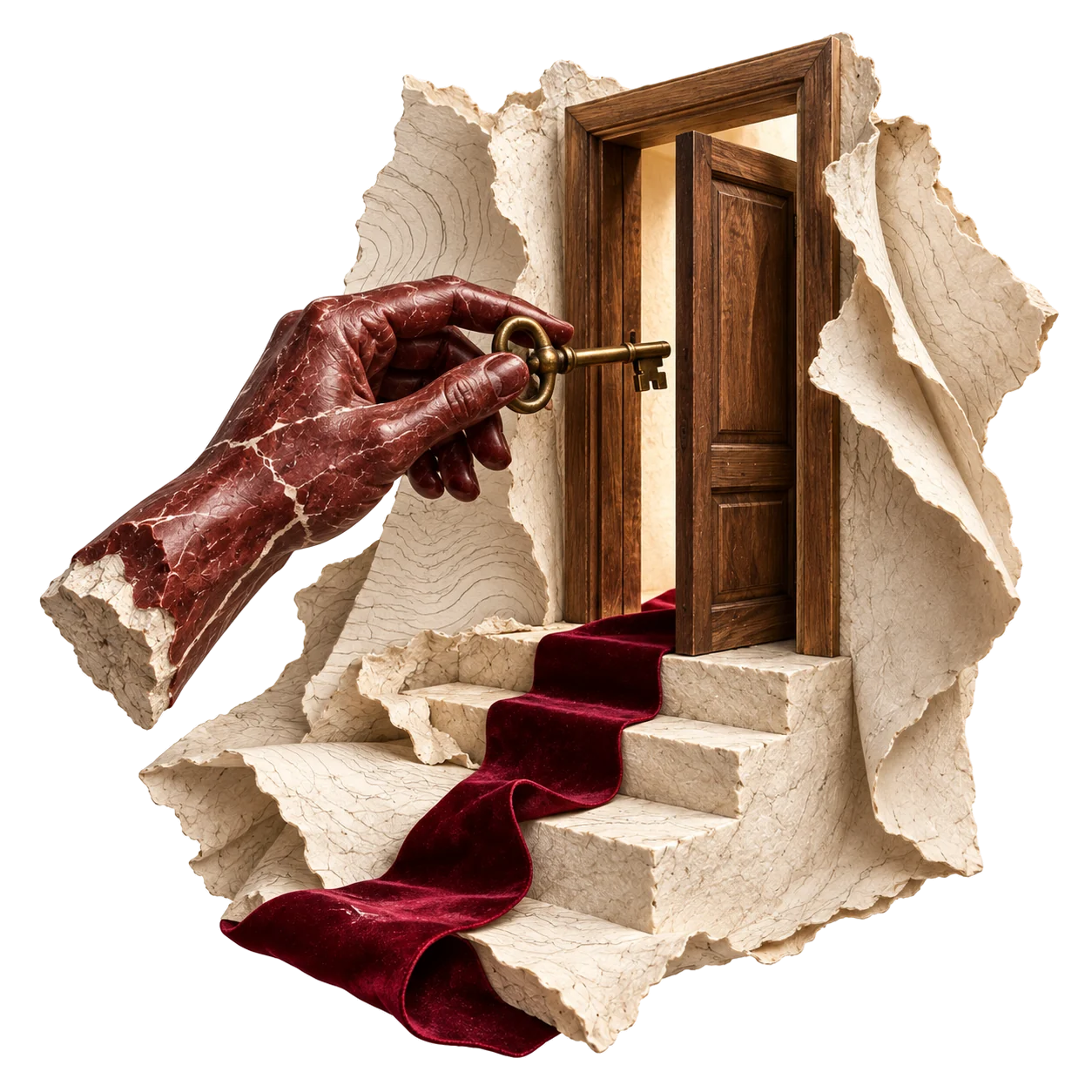 Eine rote Skulpturhand hält einen Schlüssel neben einer offenen Holztür in einer Papierarchitektur.