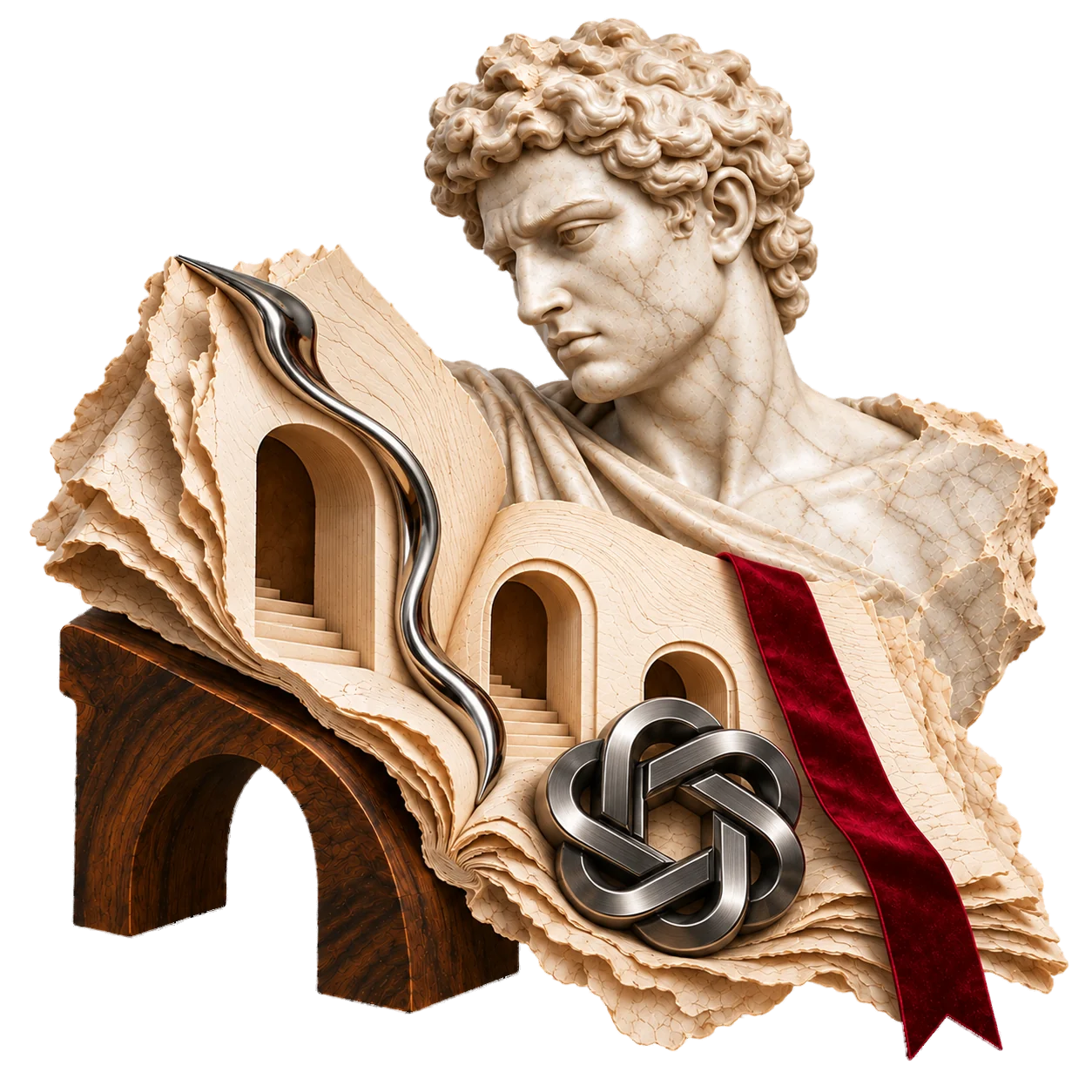 Helle Marmorbüste mit Papierarchitektur, Holz und einem plastischen ChatGPT-Logo aus dunklem Metall.