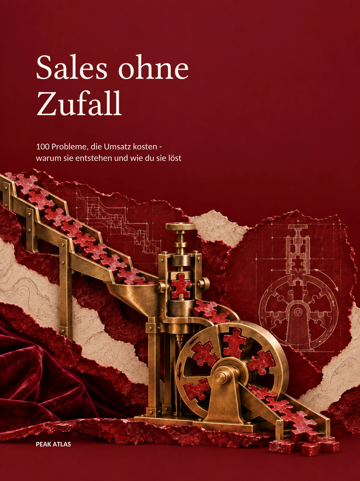 Cover von Sales ohne Zufall von Philipp Rückert: Messingmaschine mit roten Puzzleteilen auf Burgunder