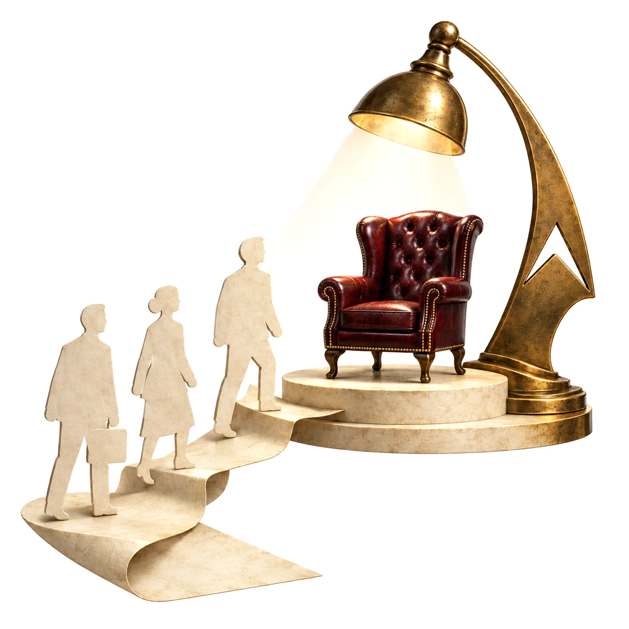 Freigestellte Komposition: Ein bordeauxroter Sessel unter einer goldenen Lampe, zu dem Figuren eine Marmorrampe hinaufgehen – Metapher für eine offene Stelle und den Weg passender Menschen dorthin.