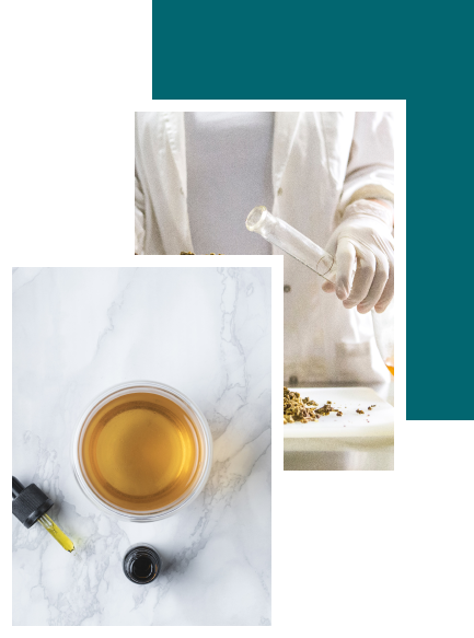 Person mit CBD-Öl-Fläschchen und Kaffeetasse von oben fotografiert