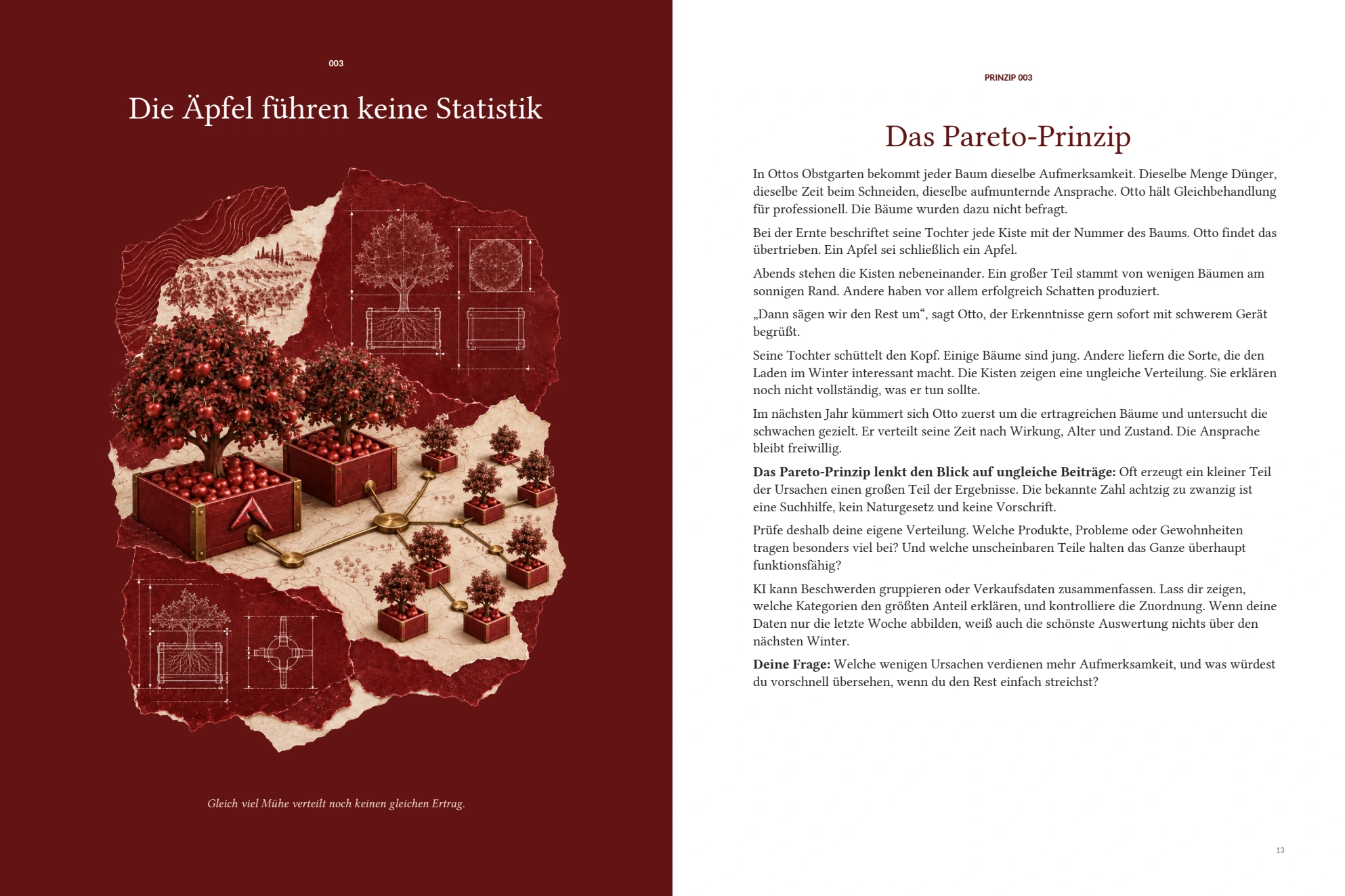 Buchdoppelseite zu Das Pareto-Prinzip mit Apfelgarten