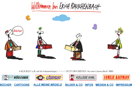 Comic-Illustration: Erich Rauschenbach mit Firmenlogos befreundeter Unternehmen