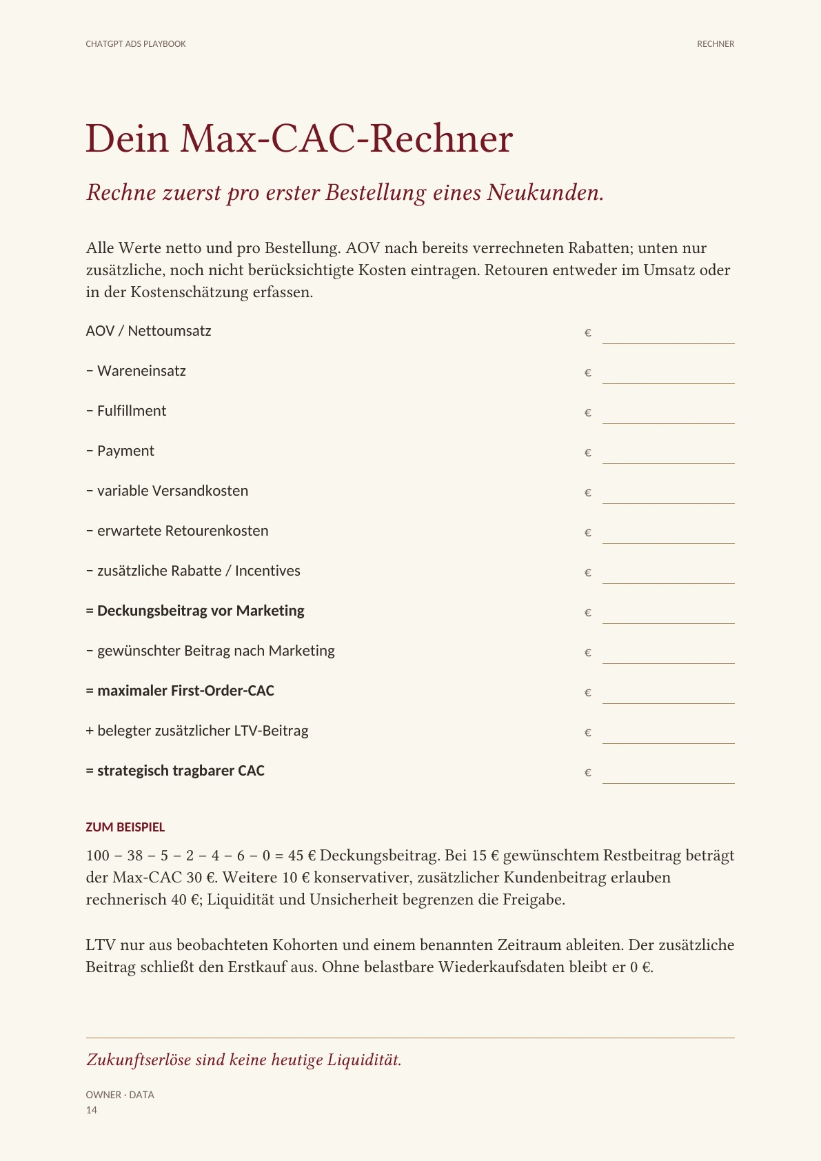 Buchseite 14 „Dein Max-CAC-Rechner“ auf Creme: ein Arbeitsblatt mit leeren Eurofeldern für AOV / Nettoumsatz, Wareneinsatz, Fulfillment, Payment, variable Versandkosten, erwartete Retourenkosten, zusätzliche Rabatte, Deckungsbeitrag vor Marketing, gewünschter Beitrag nach Marketing, maximaler First-Order-CAC, belegter zusätzlicher LTV-Beitrag und strategisch tragbarer CAC; darunter ein Rechenbeispiel und die Schlusszeile „Zukunftserlöse sind keine heutige Liquidität.“