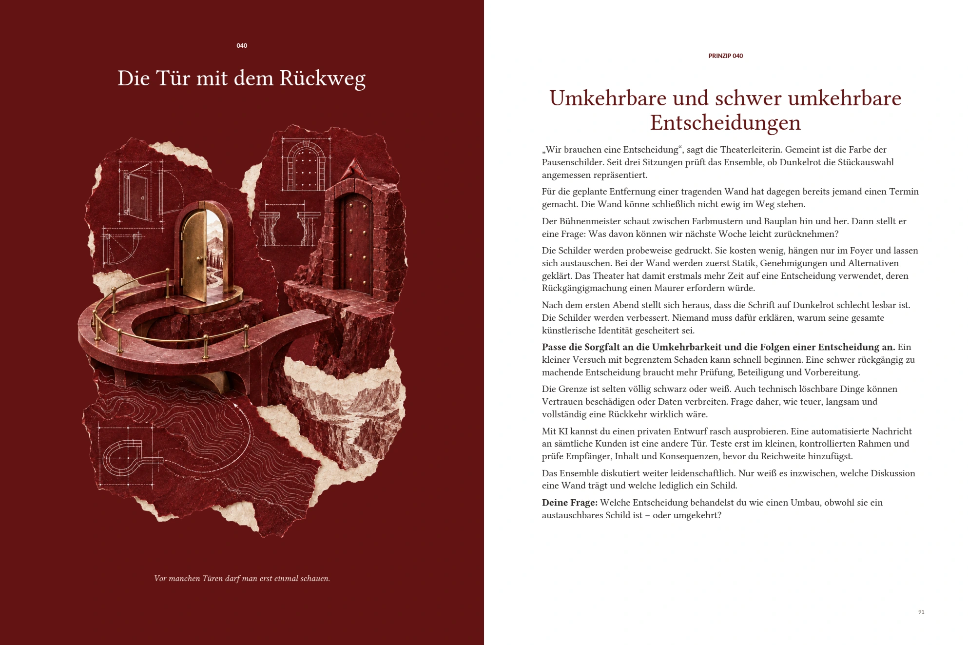Buchdoppelseite zu umkehrbaren Entscheidungen mit einer Tür
