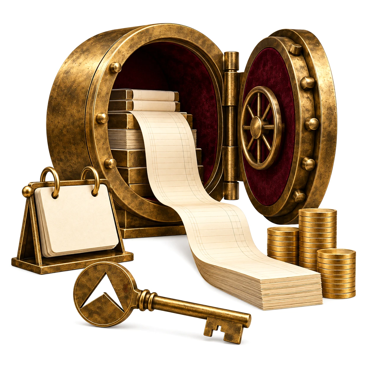 Freigestellte Komposition: Ein geöffneter gold-bordeauxfarbener Tresor mit langem Papierstreifen, gestapelten Goldmünzen, einem leeren Tischkalender und einem goldenen Schlüssel – Metapher für Liquidität im Blick.