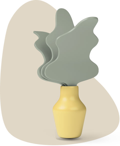 3D-Illustration einer Vase mit stilisierter Pflanze in Salbeigrün und Gelb