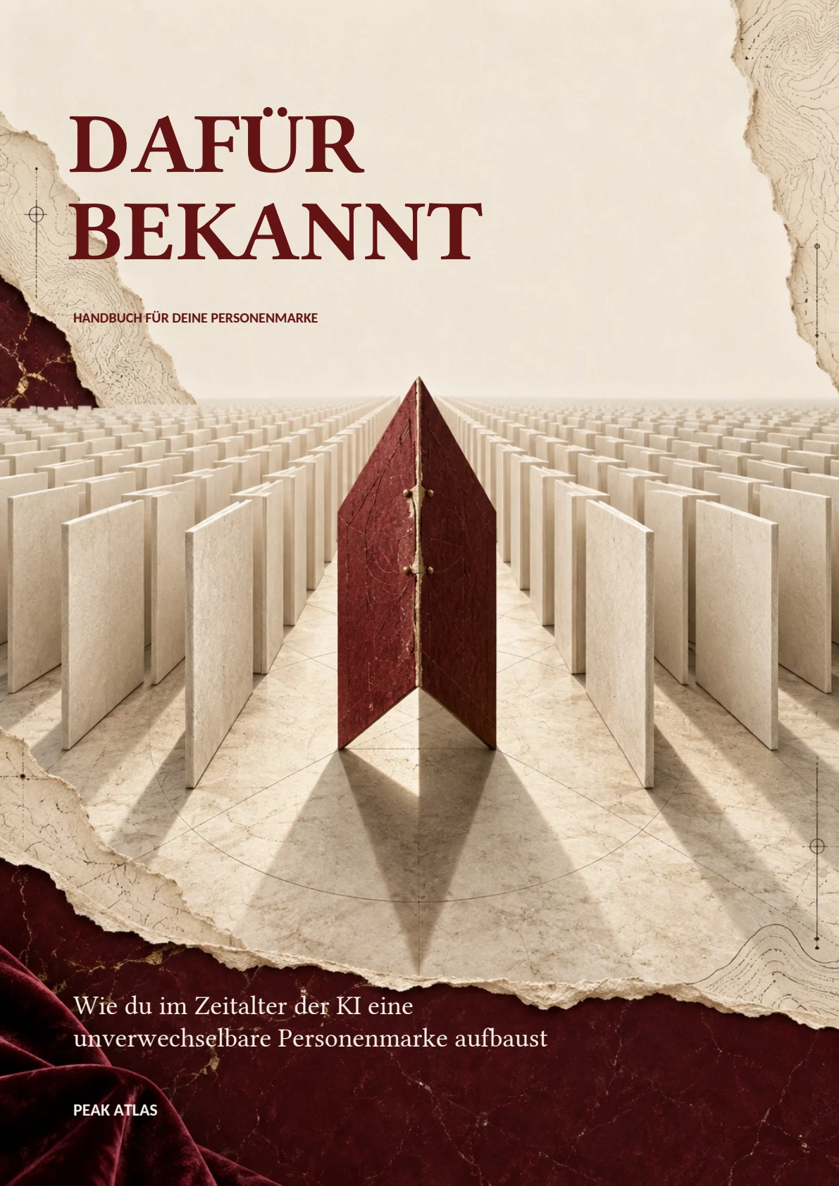 Cover von Dafür bekannt: Reihen heller Steintafeln in einer Marmorhalle, in der Mitte eine aufgestellte burgunderrote Tafel mit Messingscharnier, gerahmt von gerissenem Papier und Kartenlinien