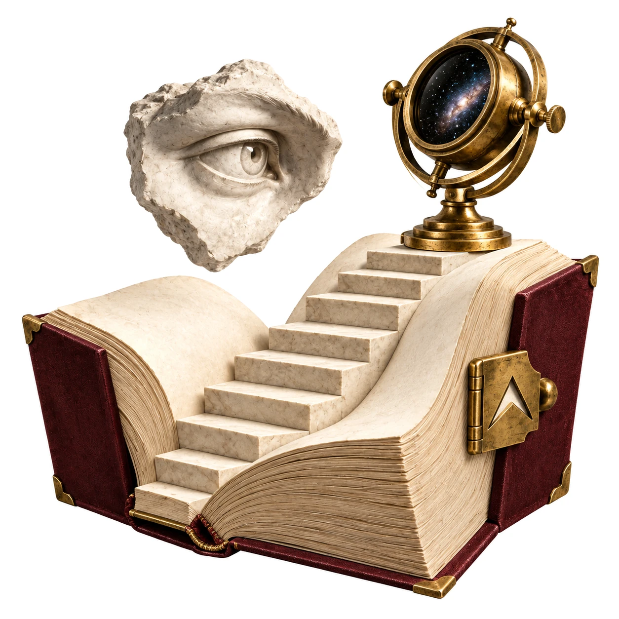 Freigestellte Komposition: Ein aufgeschlagenes bordeauxrotes Buch, aus dessen Seiten eine Marmortreppe zu einem Messing-Observatorium mit Sternenhimmel führt; daneben ein skulpturales Auge – Metapher für Lernen und Erkenntnis.