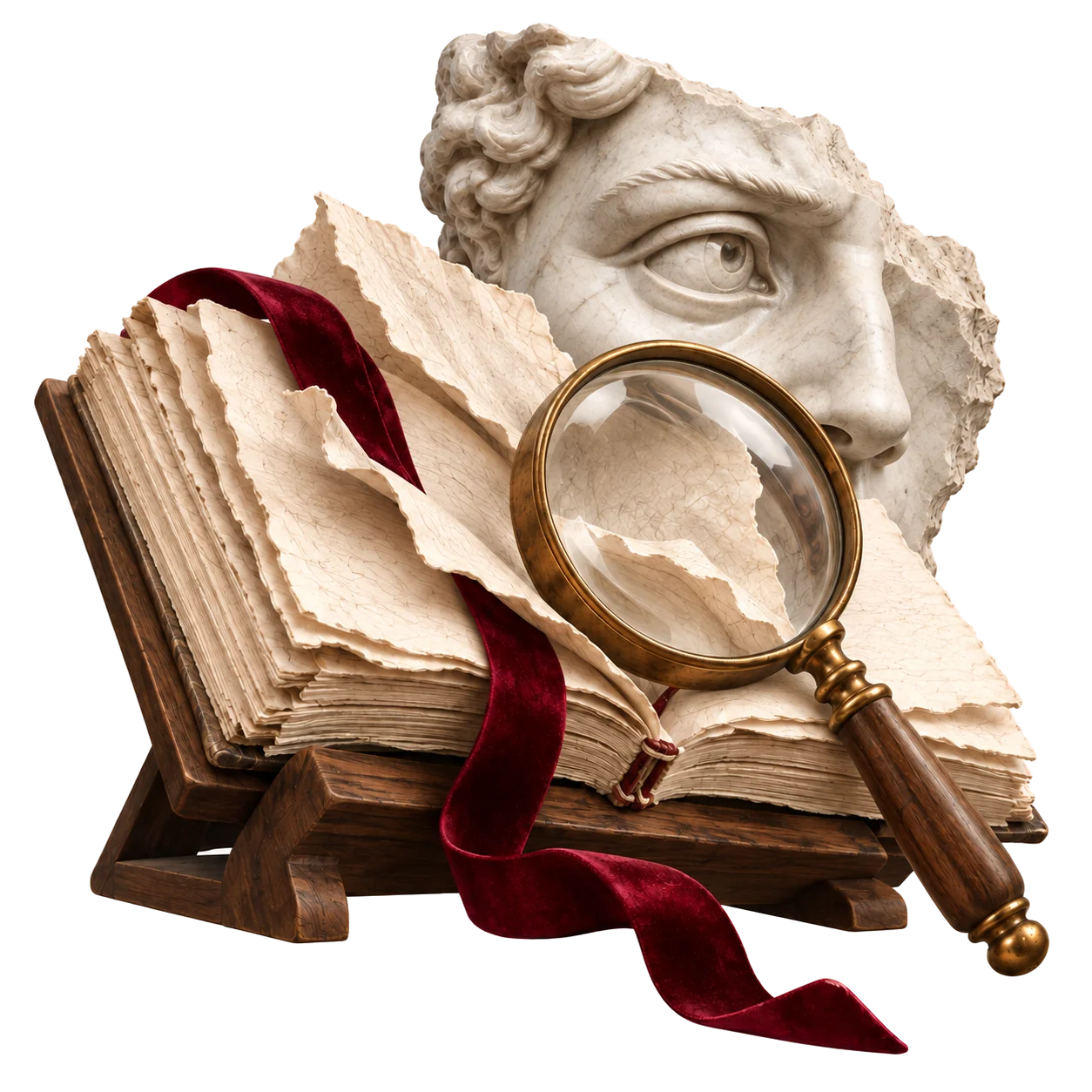 Aufgeschlagenes Papierbuch auf Holz, ein marmornes Augenfragment und eine Messinglupe.