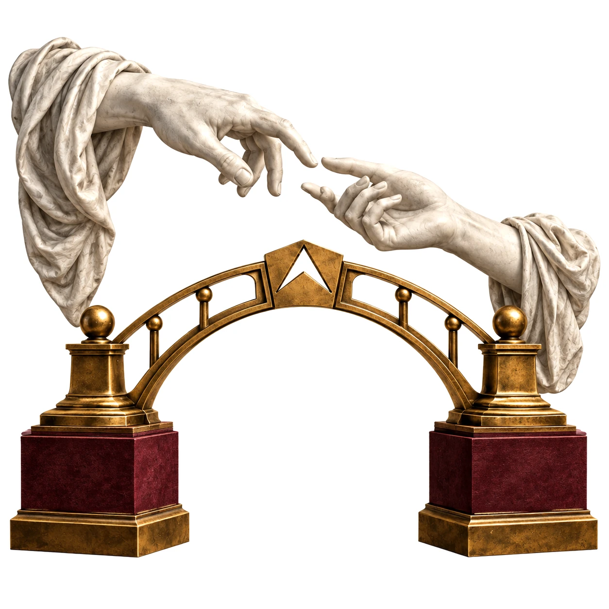 Freigestellte Komposition: Zwei weiße skulpturale Hände reichen sich über eine bordeaux-goldene Brücke mit Peak-Atlas-Motiv – Metapher für Zusammenarbeit und verlässliche Geschäftsbeziehungen.