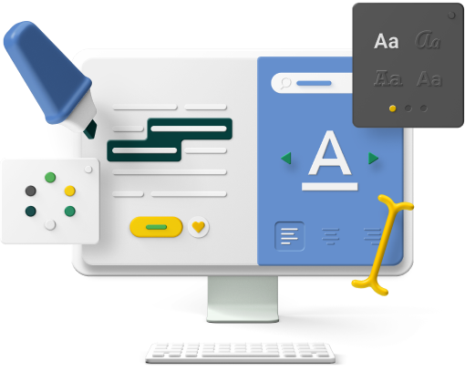 3D-Illustration eines Bildschirms mit Webdesign-Werkzeugen und Typografie-Element