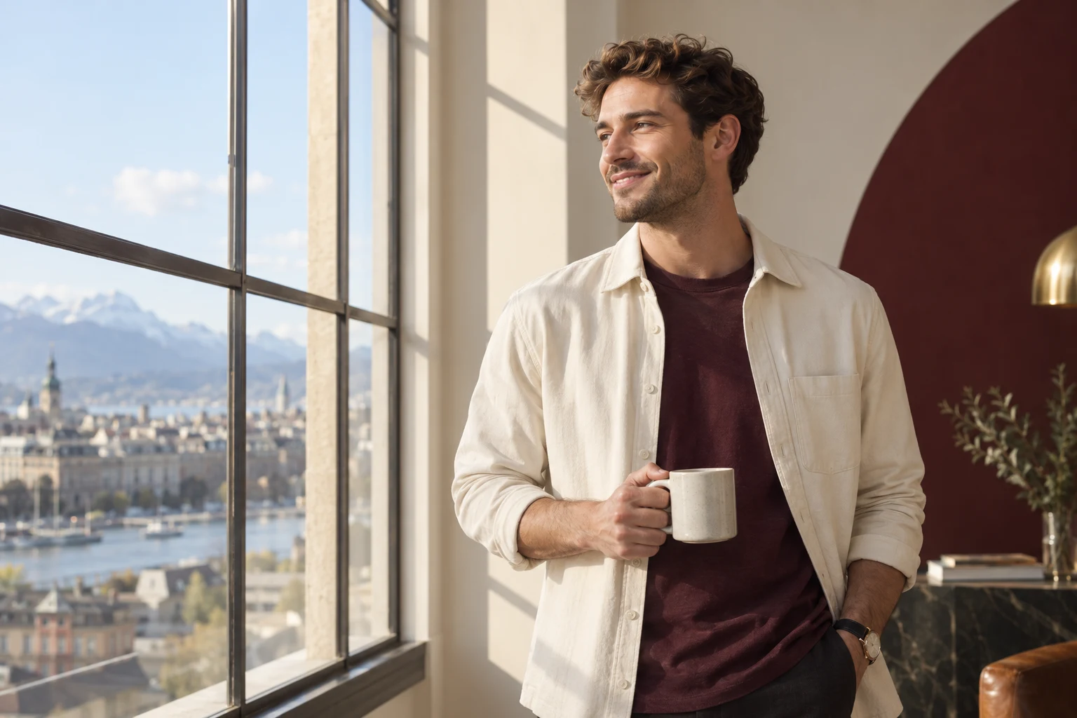 Man with a cup at the window, looking out over a city